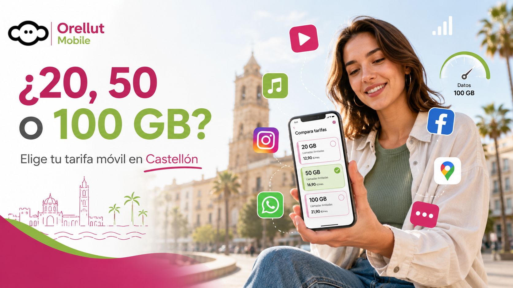 Persona utilizando datos móviles para elegir una tarifa móvil en Castellón