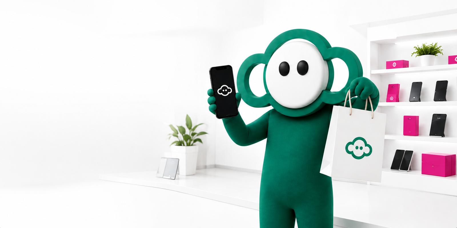 Mascota de Orellut Mobile con teléfono y bolsa de compra
