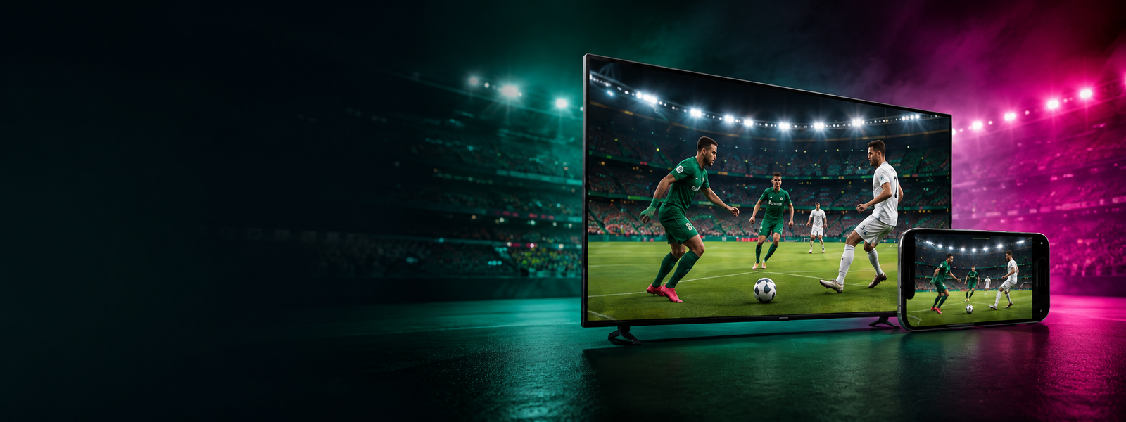 Partido de fútbol en televisión y móvil